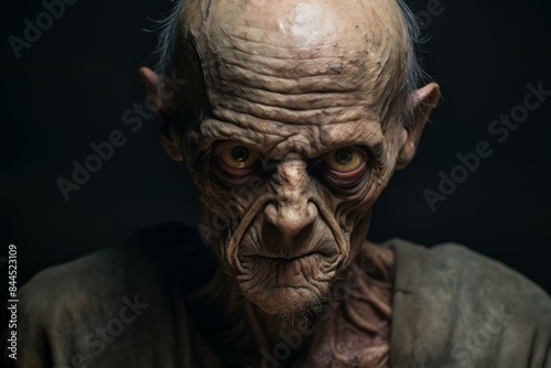 Spooky and imaginative close up portrait of a sinister and mystical elderly creature with intense, textured skin and striking eyes, perfect for horror, fantasy, and halloween themes
