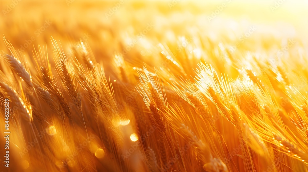 Wheat gently swaying in the breeze, captured with vivid detail against the backdrop of a vast golden field at dawn, with a focus on the individual grains. Wheat gently swaying in the breeze, captured with vivid detail against the backdrop of a vast golden field at dawn, with a focus on the individual grains.