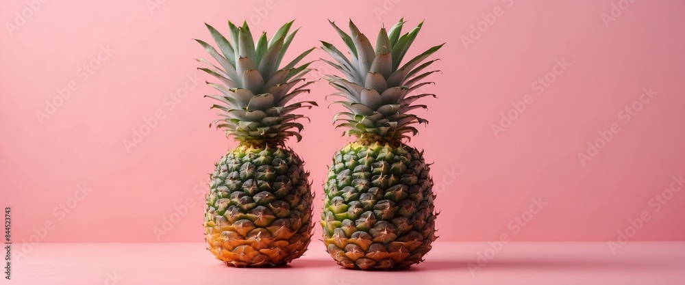 Fototapeta premium Minimal style composition made of varicoloured pineapple on pink pastel background.