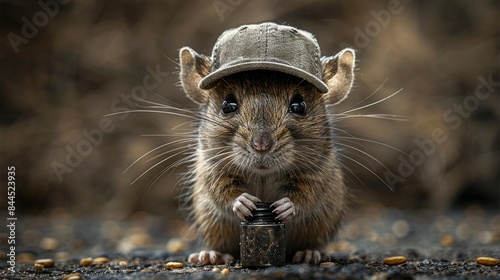   A small rodent with a baseball cap and food in hand stands on the ground photo