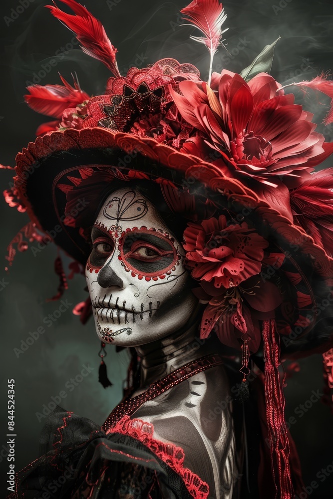 day of the dead woman with red hat and feathers day of the dead woman with red hat and feathers