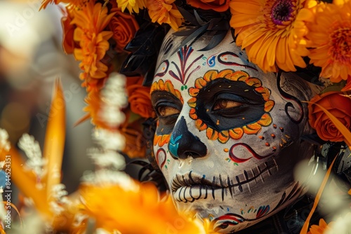 a woman with a sugar skull face and flowers photo