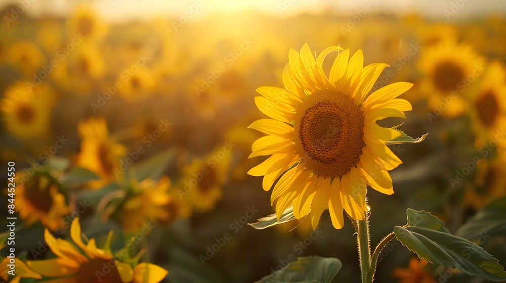 Fototapeta premium Sunflowers swaying gracefully in the wind, set against the backdrop of an extensive sunflower field at twilight, with a focus on the vibrant petals and intricate patterns.