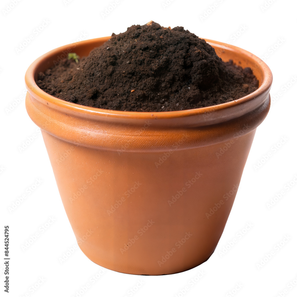 Terracotta pot with rich soil on transparent background