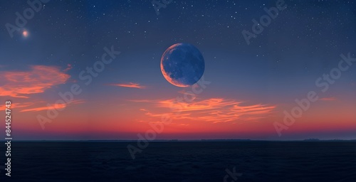 Full moon in the night sky over the sea. 3d render