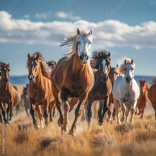 Experience the beauty of freedom as wild horses gallop freely across a vast grassland, their mane and tails flowing in the wind, embodying the untamed spirit and grace of nature.