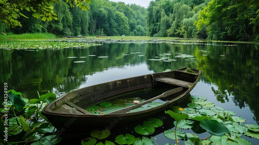 Tranquil lake scene with a boat in the middle, surrounded by lily pads and the lush green of the water plants. Tranquil lake scene with a boat in the middle, surrounded by lily pads and the lush green of the water plants.