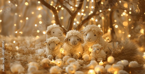 Christmas card with sheeps on a background of golden garlands.