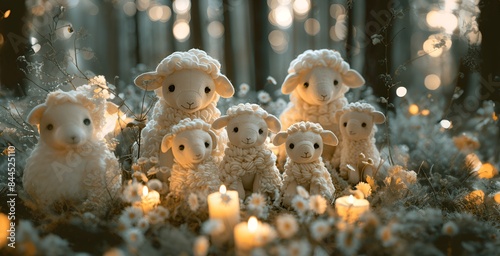 Sheep in the forest with candles. Christmas and New Year background.