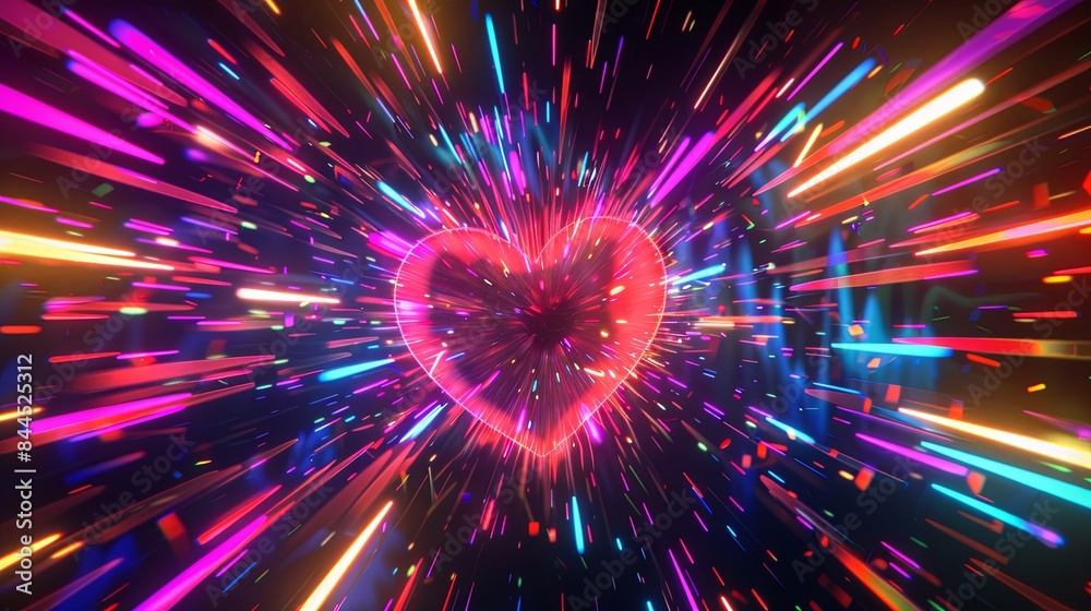 A neon heart surrounded by vibrant, multicolored light streaks in shades of pink, blue, and purple, creating a dynamic and energetic visual effect against a dark background