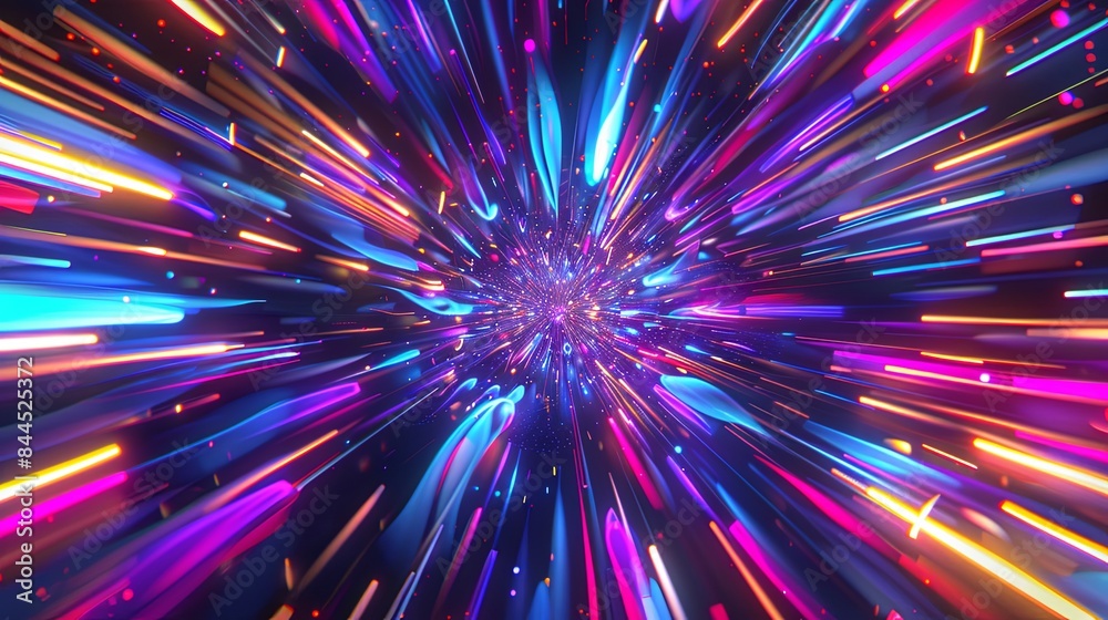 fantastic background Neon lines converging in a psychedelic explosion. An electrifying digital artwork depicting a warp-speed effect with neon light streaks in vibrant