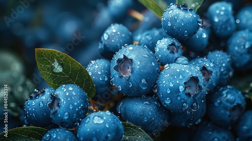  A close-up photo of blueberries with droplets of water on them and a green leaf in the foreground