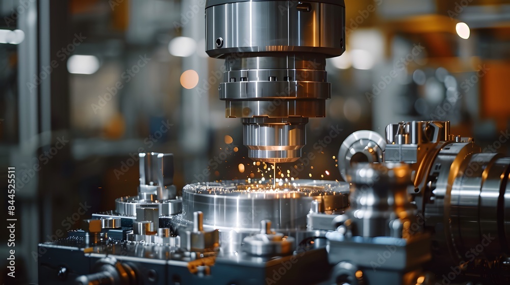A a high-tech CNC milling machine in operation within a state-of-the-art manufacturing facility, focusing on an advanced milling bit carving intricate patterns into a titanium block. A a high-tech CNC milling machine in operation within a state-of-the-art manufacturing facility, focusing on an advanced milling bit carving intricate patterns into a titanium block.