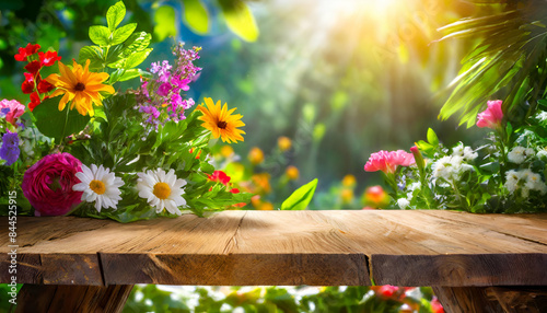 spring flowers on wooden background.A charming wooden desk with free space, highlighting the essence of summer with bright sun, green plants, and colorful flowers