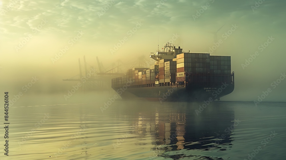 a massive container ship navigating through calm waters, symbolizing international transport and global trade, set against a backdrop of a bustling port