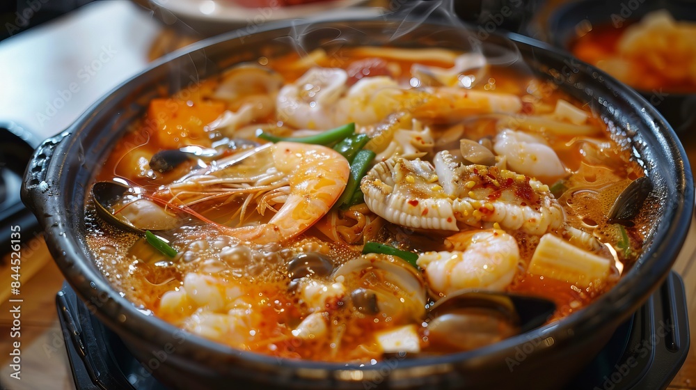 This hot dish includes various seafood in a thick, flavorful broth. It is perfect for a cold evening.