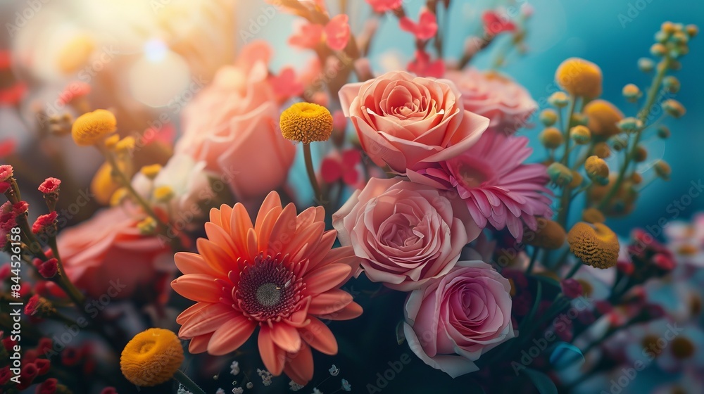 Fototapeta premium Vibrant close-up photo of a beautiful floral arrangement featuring pink roses, orange gerbera daisies, and yellow accents against a blurred background.