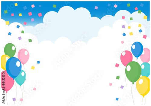 風船と雲の空フレーム背景9空色