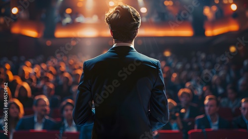 A man in suit standing on stage, looking at the audience with confidence and inspiration while giving an drive them to success speech. photo