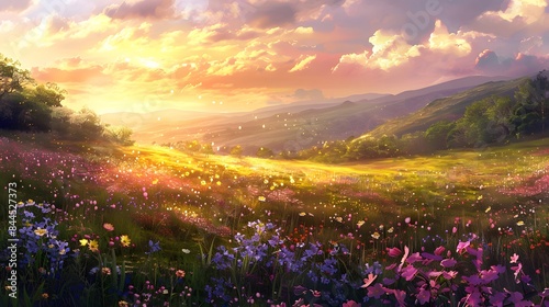 A mesmerizing spring meadow with rolling hills at sunrise, a pastel sky, wildflowers in full bloom, a peaceful ambiance, an awe-inspiring scenery, a magnificent nature photography.