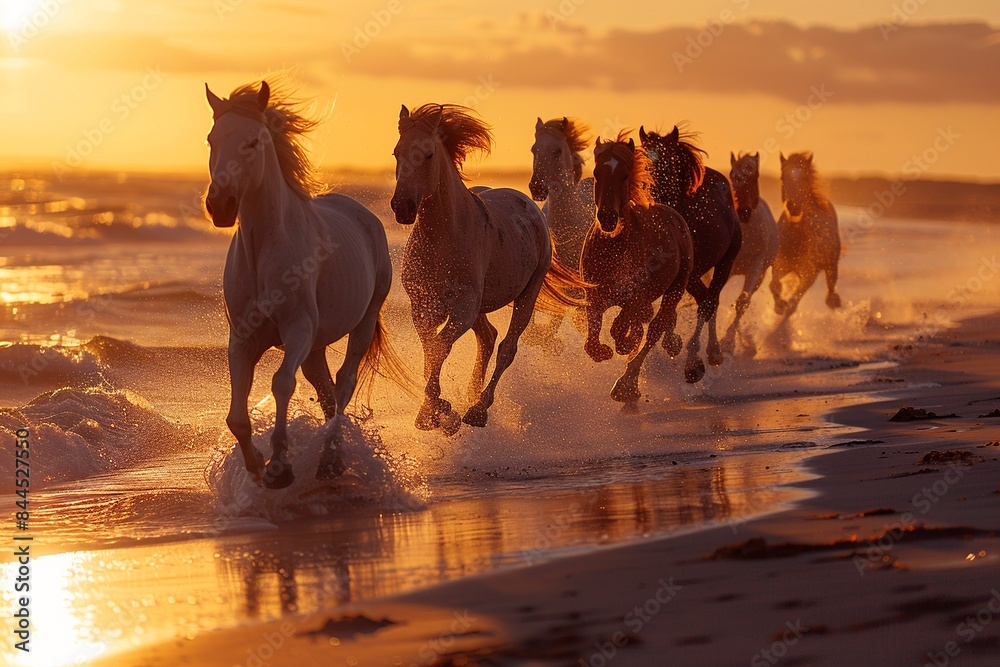 Fototapeta premium Experience the beauty of freedom as wild horses gallop freely across a vast grassland, their mane and tails flowing in the wind, embodying the untamed spirit and grace of nature.