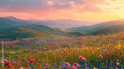 A mesmerizing spring meadow with rolling hills at sunrise, a pastel sky, wildflowers in full bloom, a peaceful ambiance, an awe-inspiring scenery, a magnificent nature photography.