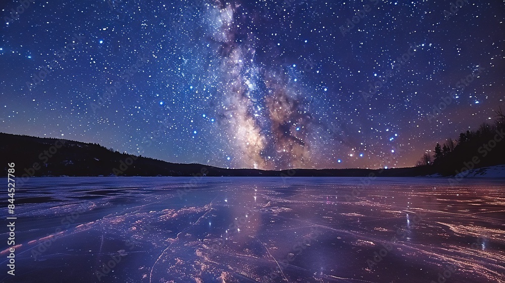   A stunning frozen lake viewed from below at night, with the Milky Way rising above the distant mountain range