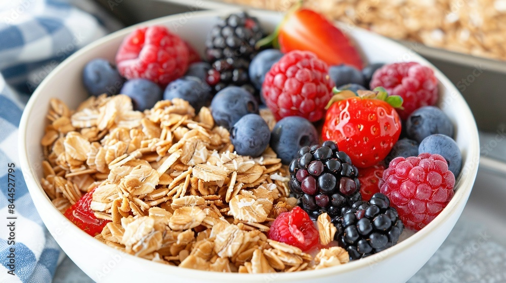 A bowl of granola with mixed berries - blueberries, raspberries, and strawberries A bowl of granola with mixed berries - blueberries, raspberries, and strawberries
