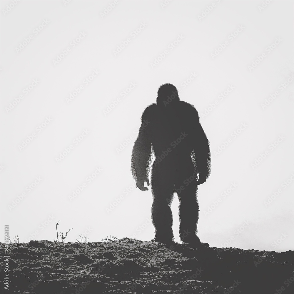 Silhouette of sasquatch standing on hill. A minimalist silhouette of Sasquatch standing on a hill, set against a white background, evoking mystery and intrigue. Silhouette of sasquatch standing on hill. A minimalist silhouette of Sasquatch standing on a hill, set against a white background, evoking mystery and intrigue.