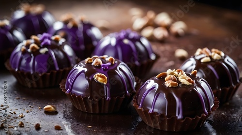 Some purple hazelnut chocolates with chelate liquid poured over them, professional photography, cinematic lighting photo