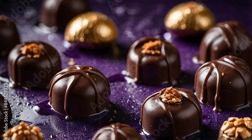 Some purple hazelnut chocolates with chelate liquid poured over them, professional photography, cinematic lighting photo