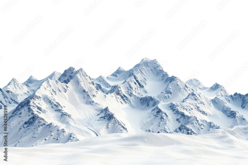 Obraz premium A breathtaking view of snow-covered mountain peaks under a clear blue sky, showcasing the beauty of winter nature and alpine landscapes.