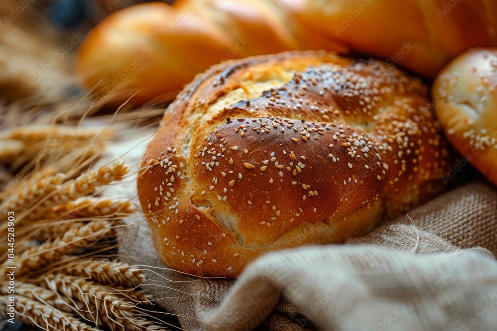 Freshly Baked Sesame Seed Bread With Wheat Sheaves Freshly Baked Sesame Seed Bread With Wheat Sheaves