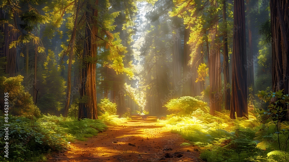 Obraz premium A serene forest scene with towering redwood trees, sunlight filtering through the leaves, and an empty dirt path leading into the distance. captures nature's tranquility.