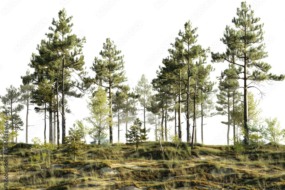 Fototapeta premium Beautiful forest view featuring tall pine trees against a clear sky, portraying the beauty of nature and tranquil outdoor scenery.