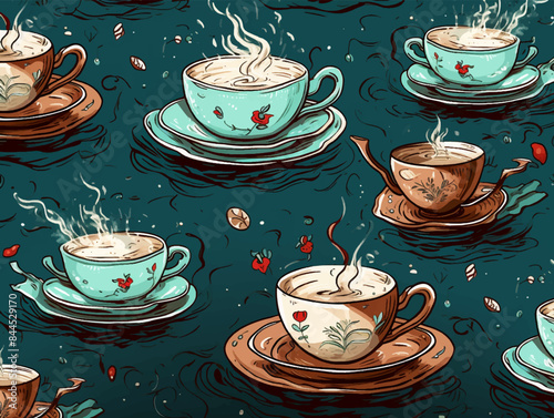 Whimsical pattern of Teacups, steam, and line on had drawn illustration
