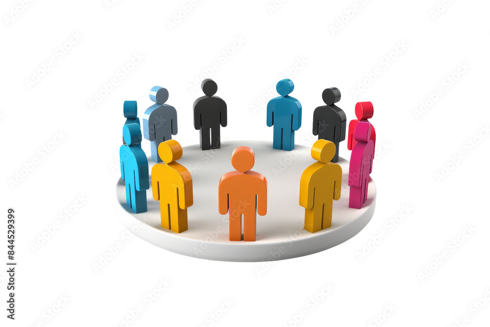 Colorful figures standing in a circle on a white platform, symbolizing teamwork, diversity, and unity in a 3D illustration. Colorful figures standing in a circle on a white platform, symbolizing teamwork, diversity, and unity in a 3D illustration.
