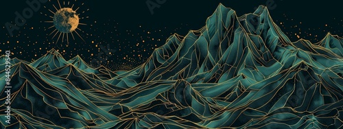 A digital illustration of a mountain range with a large, golden moon and stars in the night sky