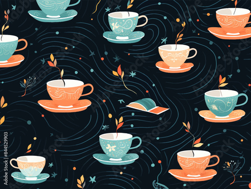 Whimsical pattern of Teacups, steam, and line on had drawn illustration