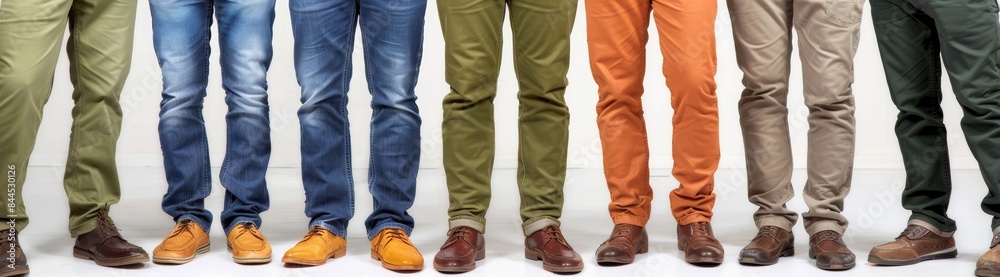 A variety of mens pants in different colors and styles are displayed, with shoes completing the looks