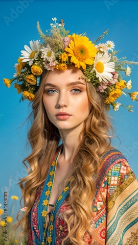 a young woman with wavy hair adorned with a flower
