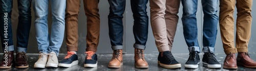 A group of men stand with their legs crossed, showcasing different styles of casual footwear and jeans