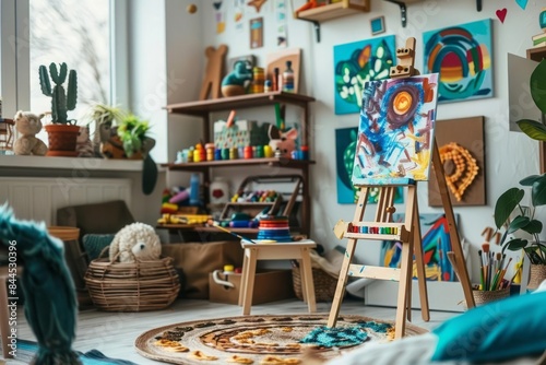 A child room featuring a small art station with an easel paints and craft supplies encouraging creativity and expression