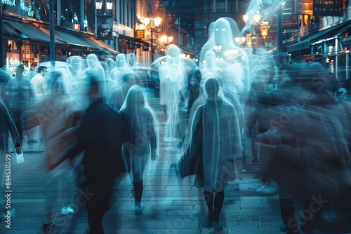 A crowded street scene with identical ghostly figures of a single person repeated throughout