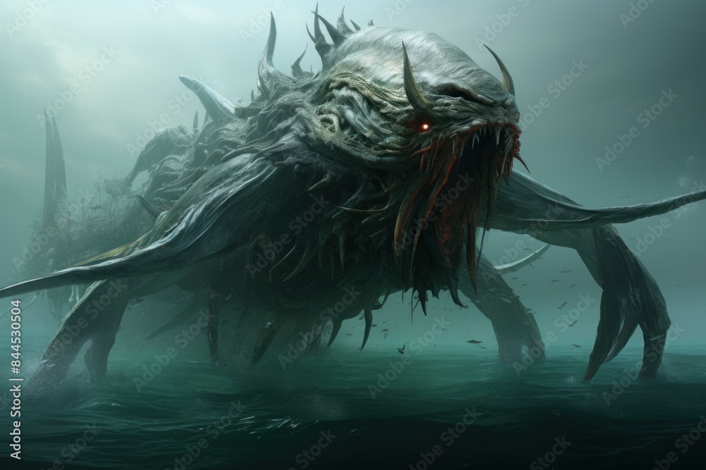 Epic digital artwork depicting a giant sea creature rising from the ...