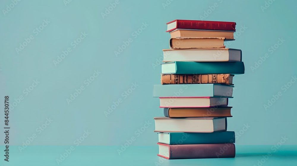 A stack of books on blue background, symbolizing knowledge and education. The pile includes various sizes and colors to show diversity in reading materials. A stack of books on blue background, symbolizing knowledge and education. The pile includes various sizes and colors to show diversity in reading materials.