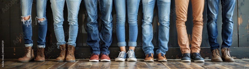 A group of people stand in a line wearing blue jeans and brown boots A group of people stand in a line wearing blue jeans and brown boots