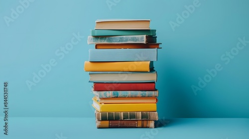 A stack of books on blue background, symbolizing knowledge and education. The pile includes various sizes and colors to show diversity in reading materials.