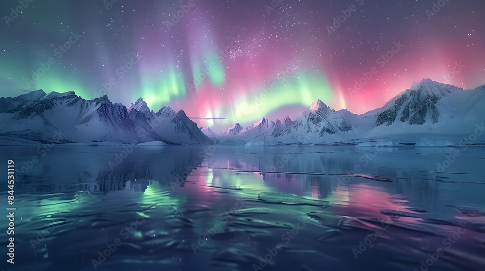 A stunning view of the Northern Lights over snow-covered mountains, with vibrant green and pink lights dancing in the sky above a serene lake reflecting their glow. A stunning view of the Northern Lights over snow-covered mountains, with vibrant green and pink lights dancing in the sky above a serene lake reflecting their glow.