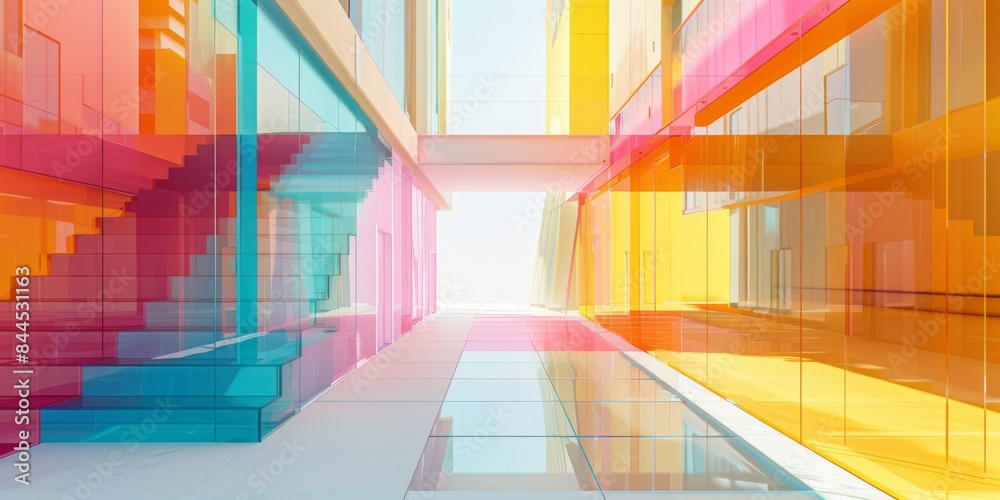 Fototapeta premium Modern Building Interior With Colorful Glass Walls and Stairs